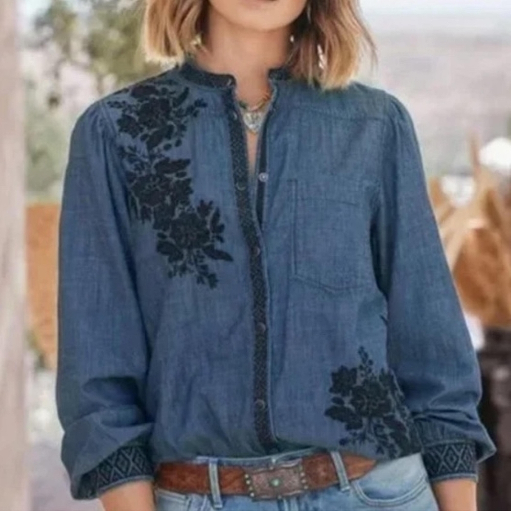 Sundance Embroidered Denim Floral embroidery Button-Up Shirt Countrycore-Small